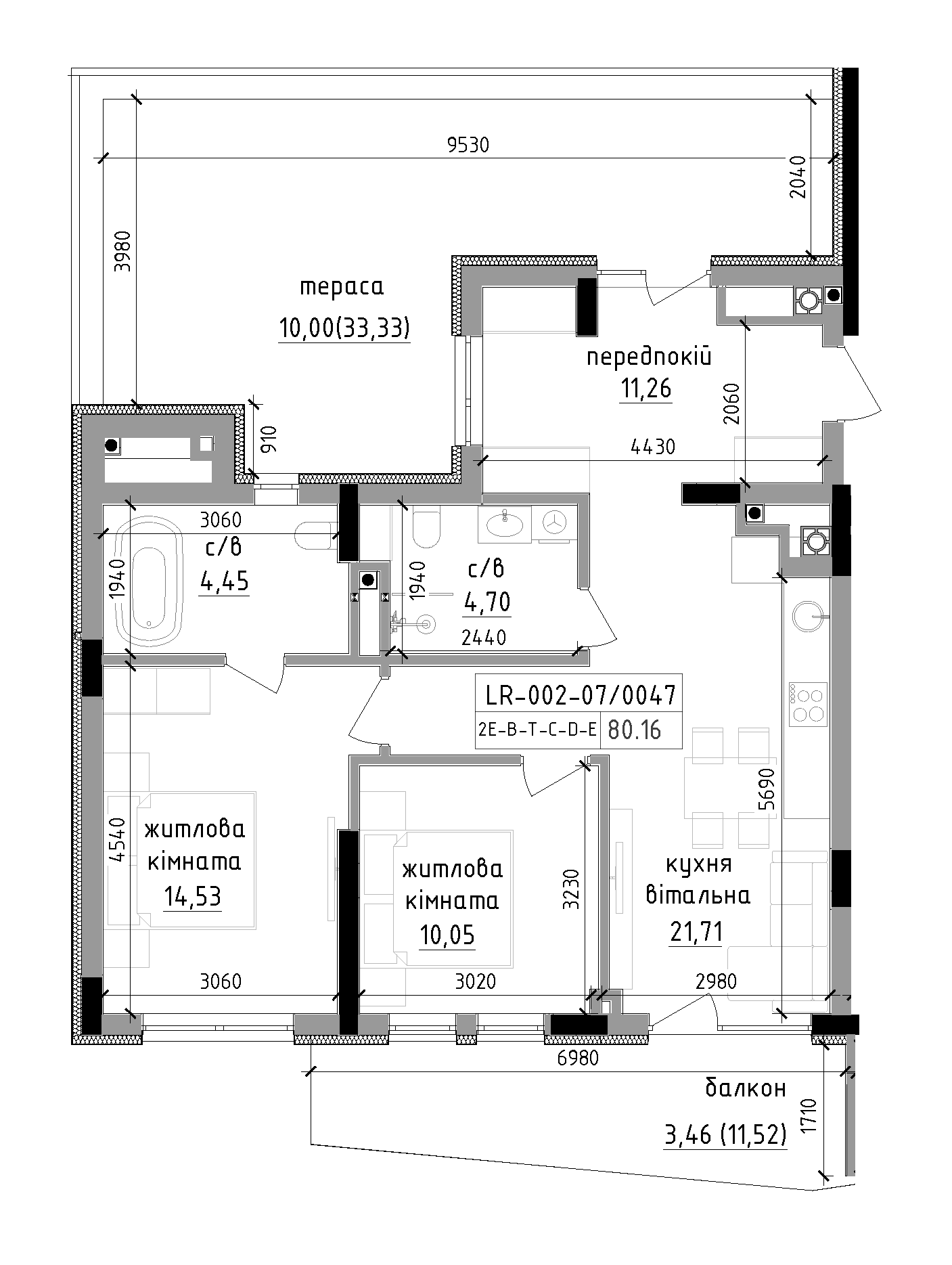Планировка 2-к квартира площей 80.16м2, LR-002-07/0047.