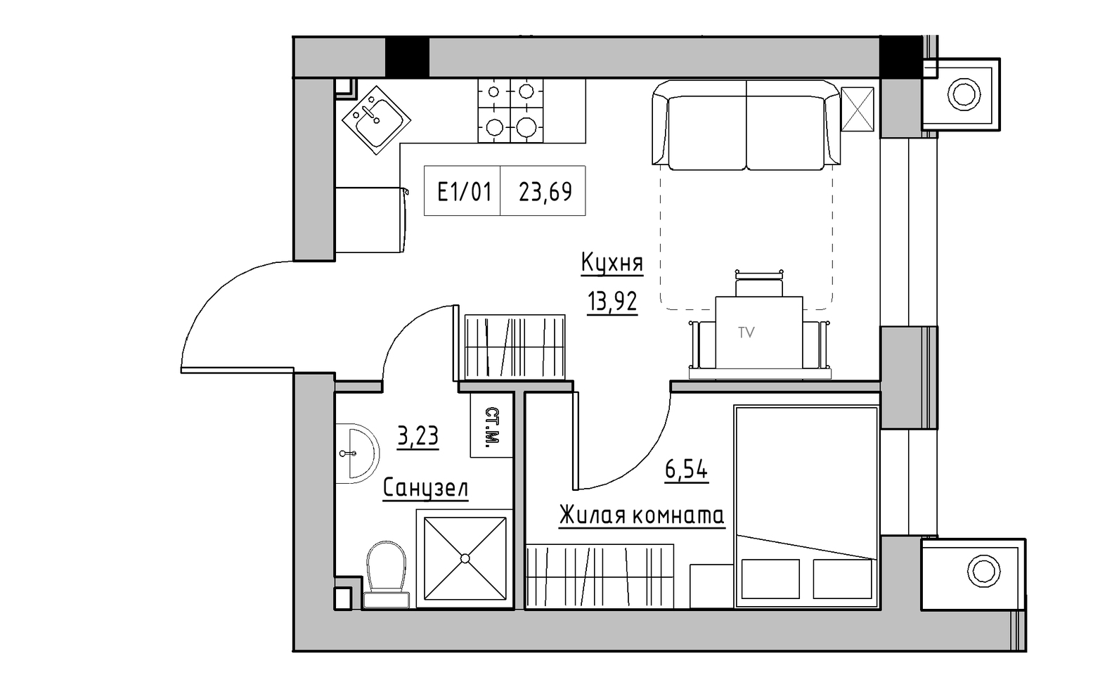Планировка 1-к квартира площей 23.69м2, KS-014-01/0009.