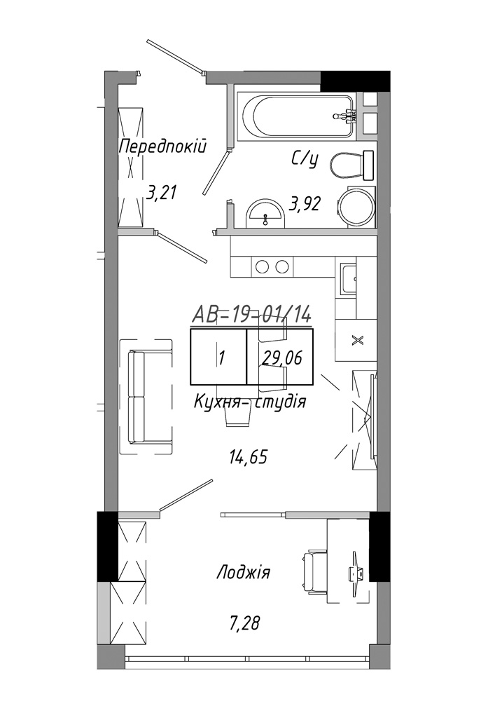 Планування Smart-квартира площею 29.06м2, AB-19-01/00014.