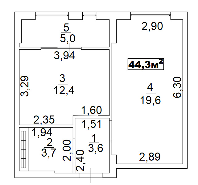 Планування 1-к квартира площею 44.3м2, AB-02-03/00008.