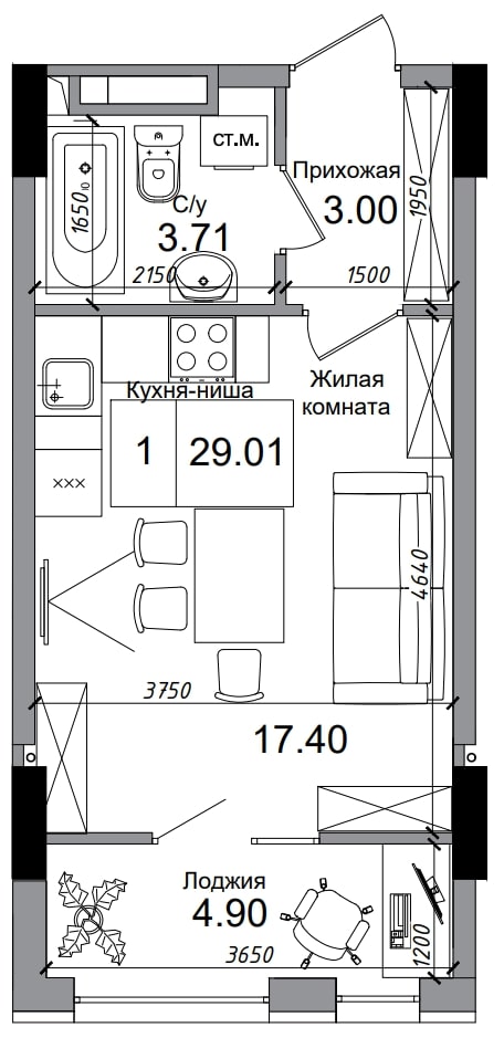 Планировка Smart-квартира площей 29.01м2, AB-04-08/00002.