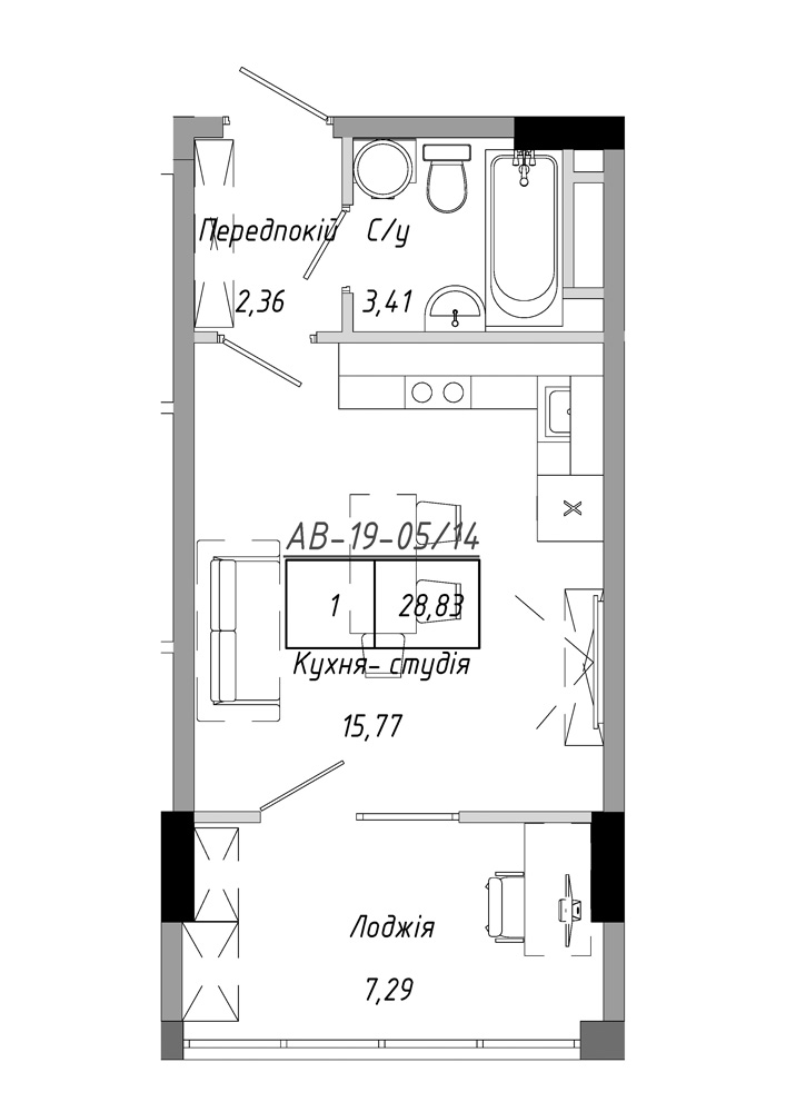 Планировка Smart-квартира площей 28.83м2, AB-19-05/00014.