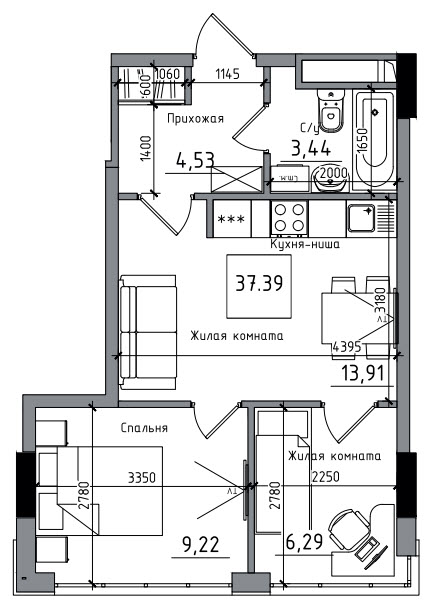 Планировка 2-к квартира площей 37.39м2, AB-06-04/00013.