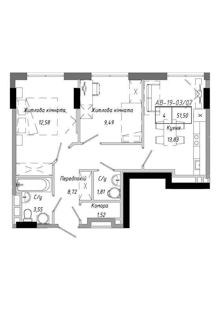 Планировка 2-к квартира площей 51.5м2, AB-19-03/00007.