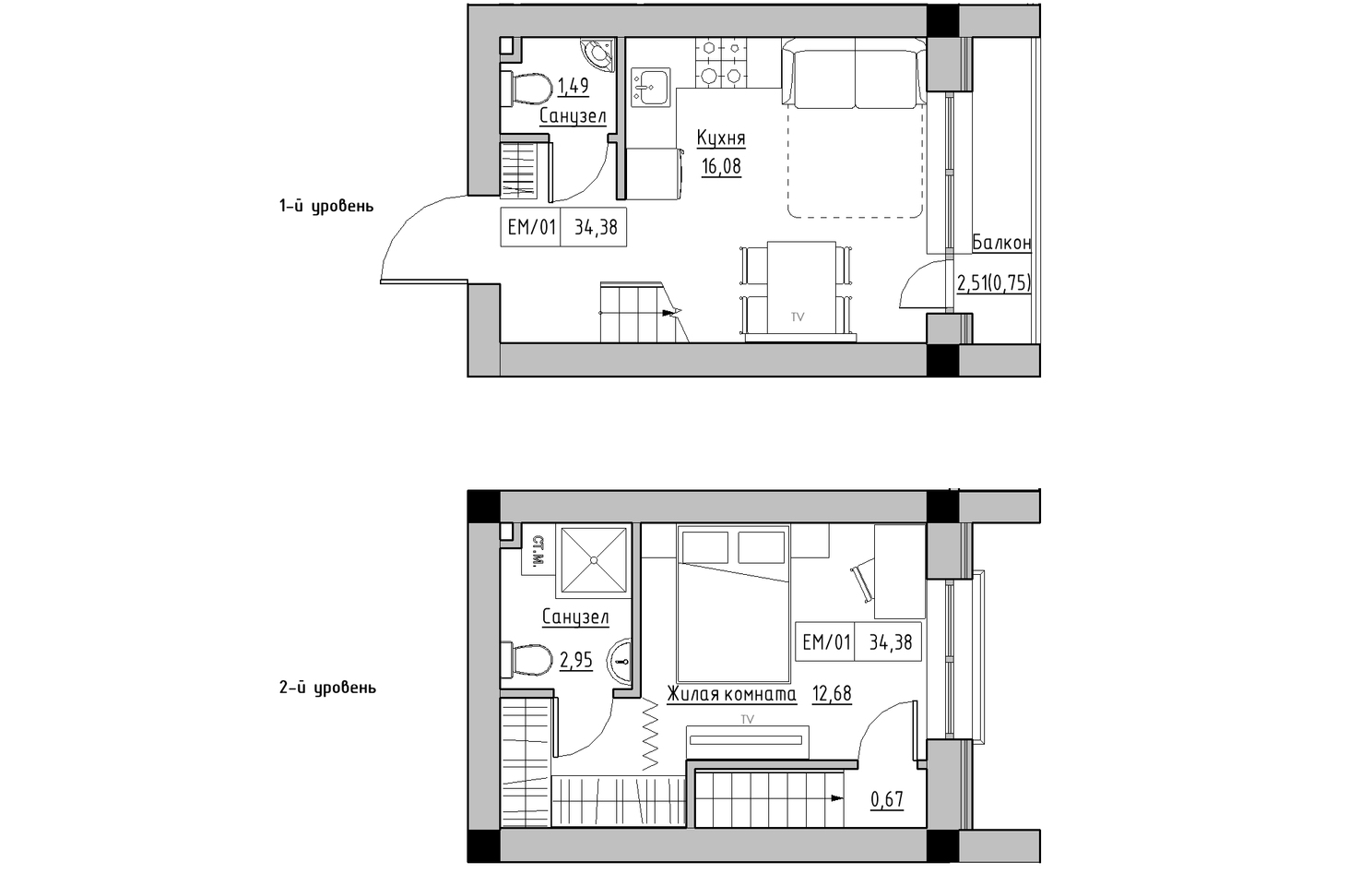 Planning 2-lvl flats area 34.38m2, KS-010-05/0012.