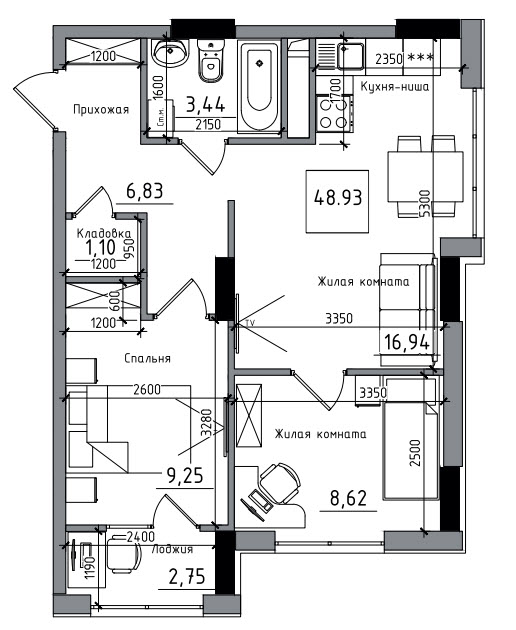 Планування 2-к квартира площею 48.93м2, AB-06-12/00011.