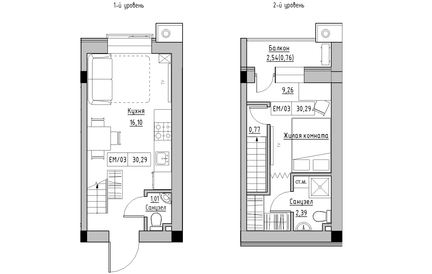 Planning 2-lvl flats area 30.29m2, KS-013-05/0008.