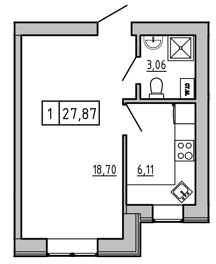 Planning 1-rm flats area 27.45m2, KS-007-03/0009.