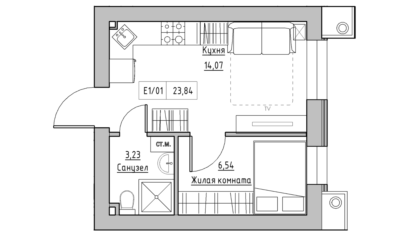 Planning 1-rm flats area 23.84m2, KS-014-05/0014.