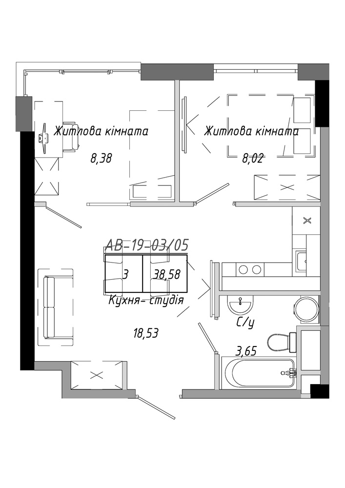 Planning 2-rm flats area 38.58m2, AB-19-03/00005.