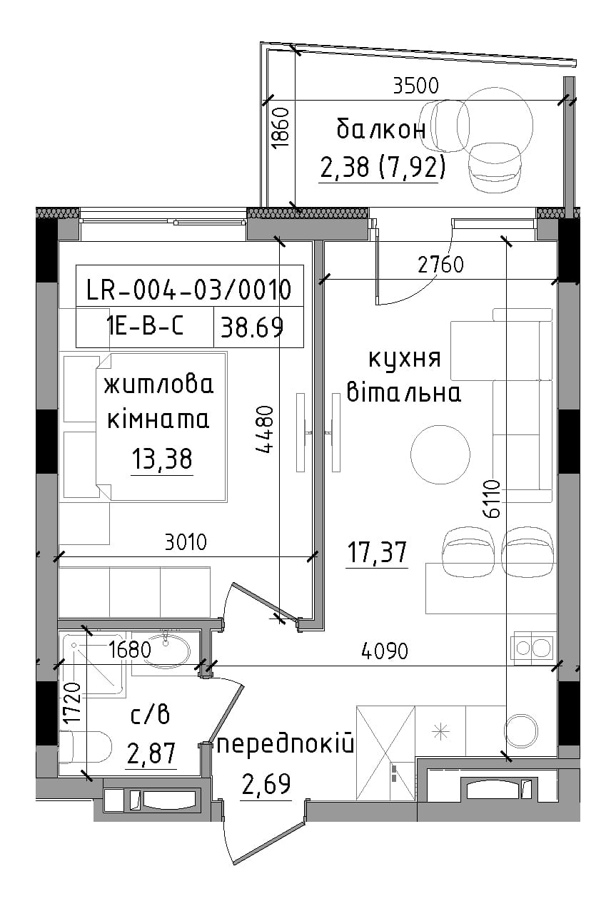 Планировка 1-к квартира площей 38.69м2, LR-004-03/0010.