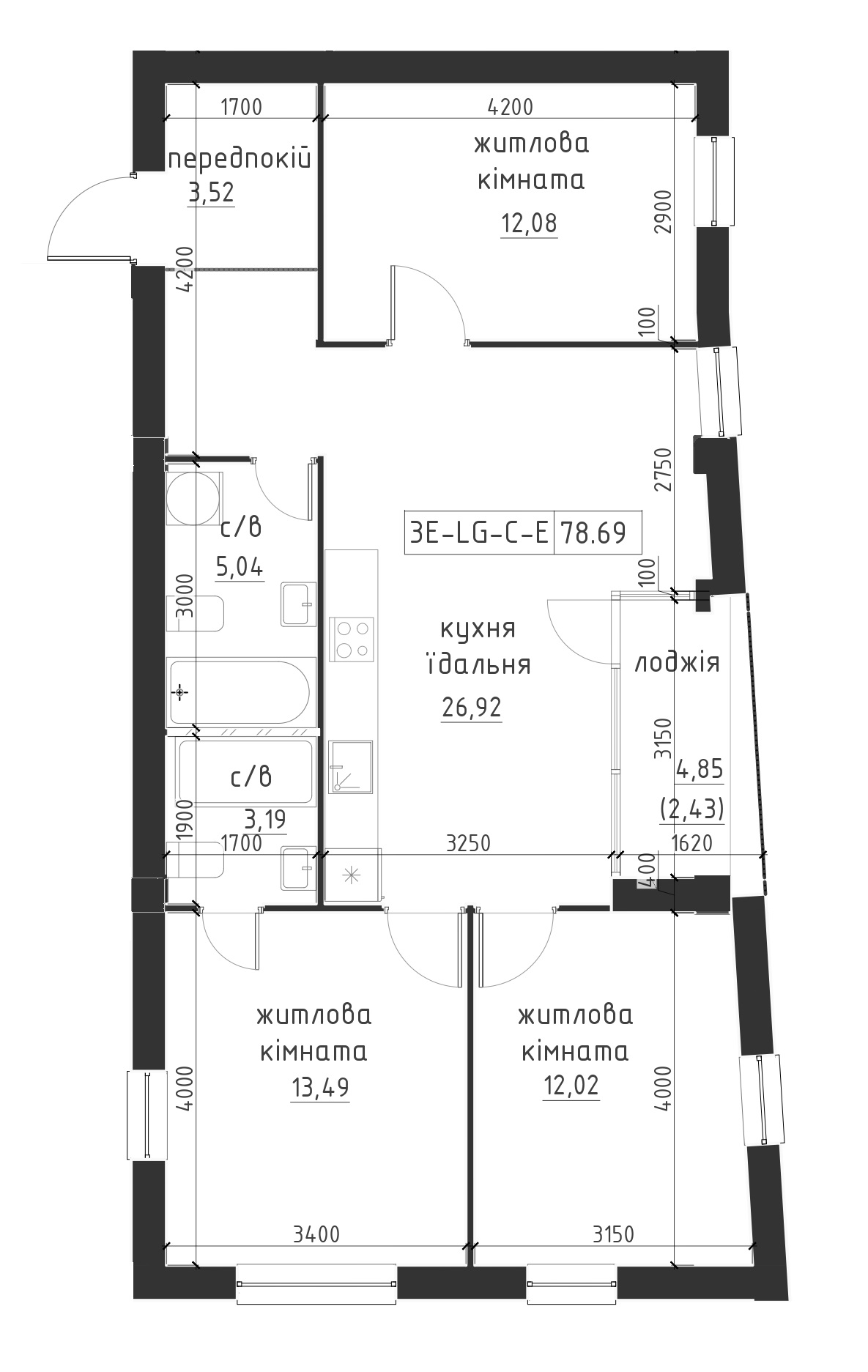 Планировка 1-к квартира площей 78.69м2, LR-002-06/0002.