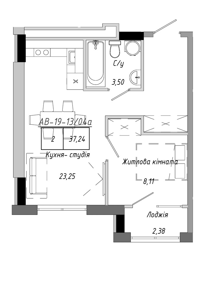 Планировка 1-к квартира площей 37.24м2, AB-19-13/0104а.