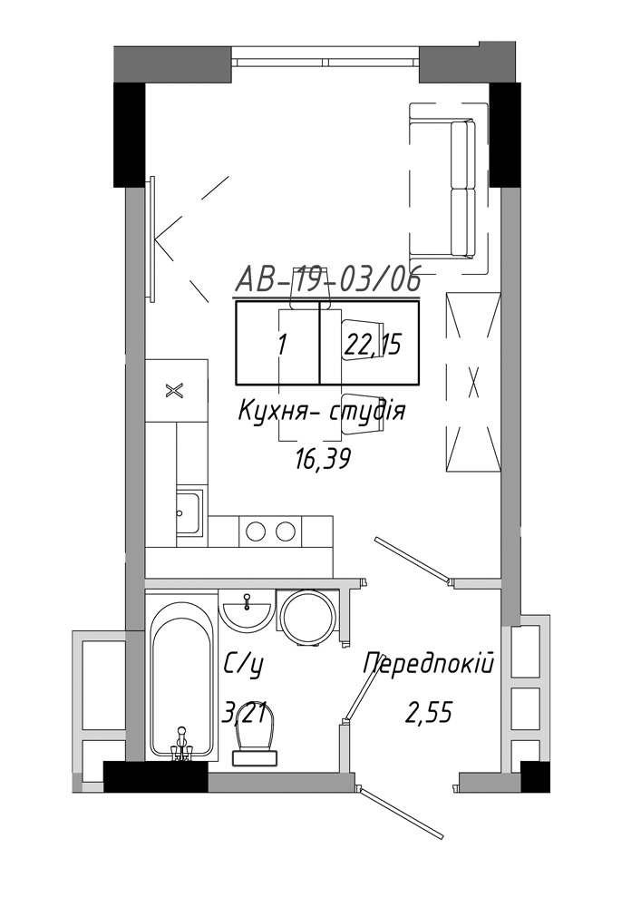 Планировка Smart-квартира площей 22.15м2, AB-19-03/00006.