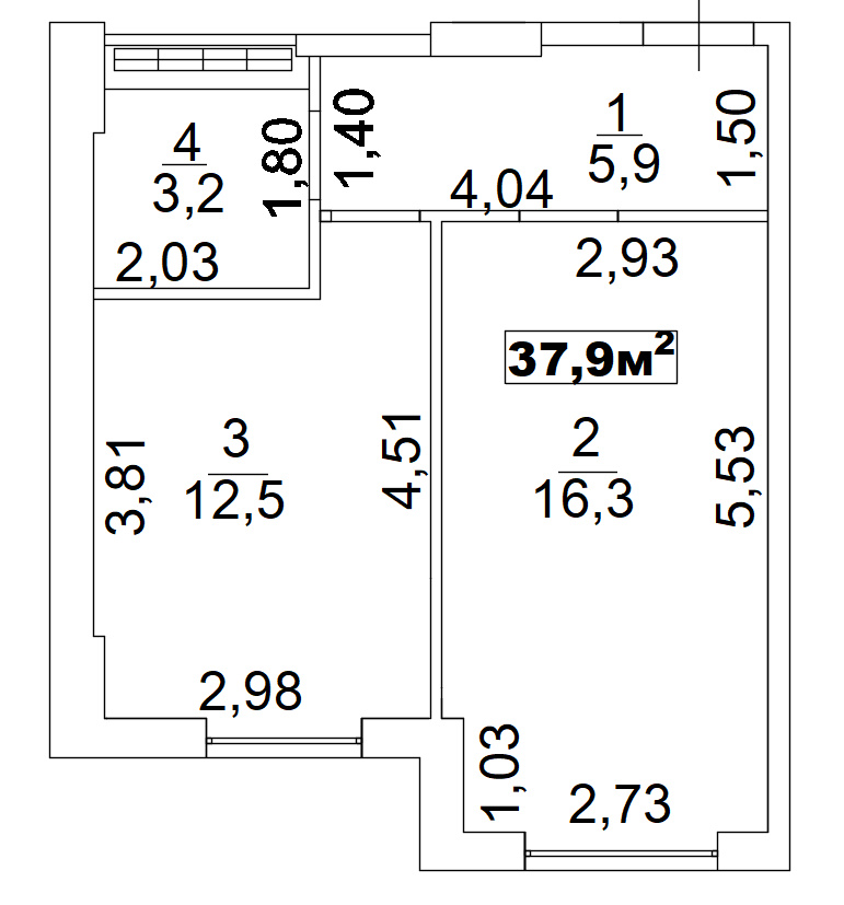 Планировка 1-к квартира площей 37.9м2, AB-02-11/0004а.