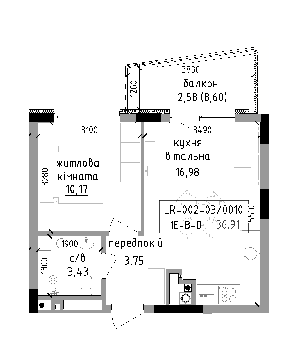 Планировка 1-к квартира площей 36.91м2, LR-002-03/0010.