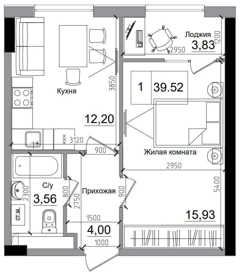 Планировка 1-к квартира площей 39.52м2, AB-11-12/00010.