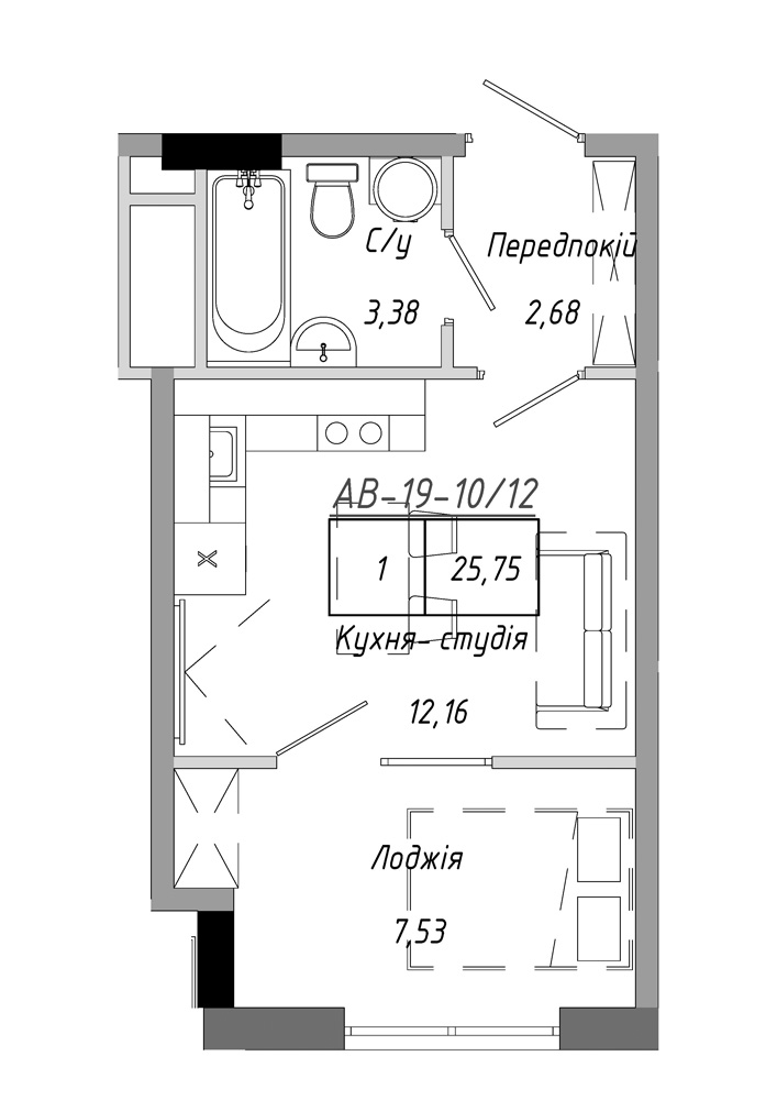Планировка 1-к квартира площей 25.75м2, AB-19-10/00012.