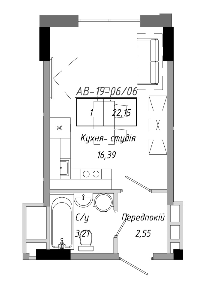 Планування Smart-квартира площею 22.15м2, AB-19-06/00006.