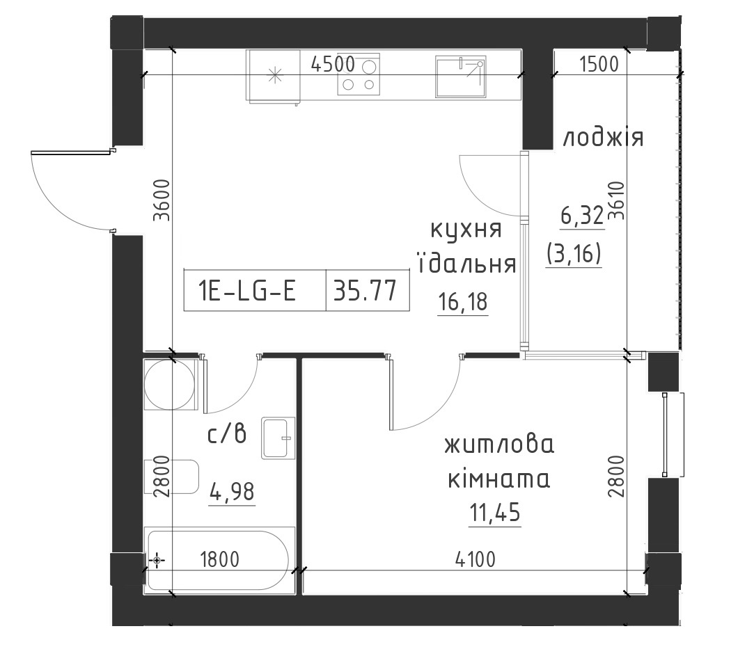 Планировка 1-к квартира площей 35.77м2, LR-002-06/0004.