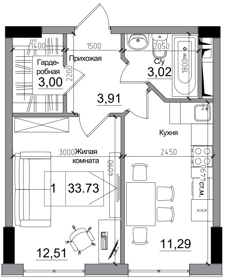 Планировка 1-к квартира площей 33.73м2, AB-15-02/00003.