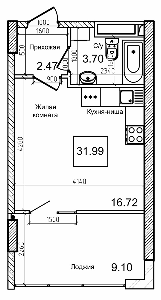 Планування Smart-квартира площею 31.5м2, AB-09-12/00001.