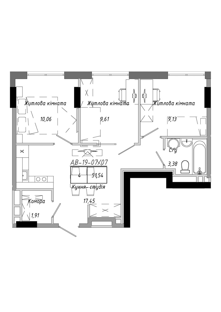 Планування 3-к квартира площею 51.54м2, AB-19-05/00007.