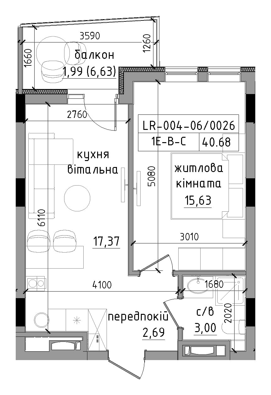 Планировка 1-к квартира площей 40.68м2, LR-004-06/0026.