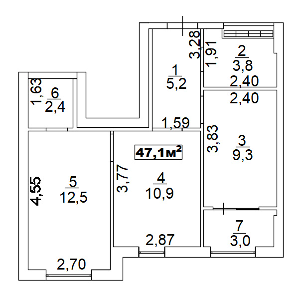Планування 2-к квартира площею 47.1м2, AB-02-08/00014.