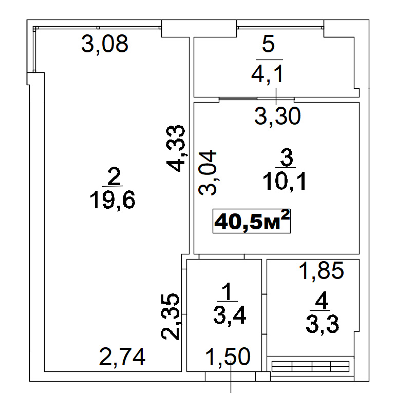 Планировка 1-к квартира площей 40.5м2, AB-02-06/00005.