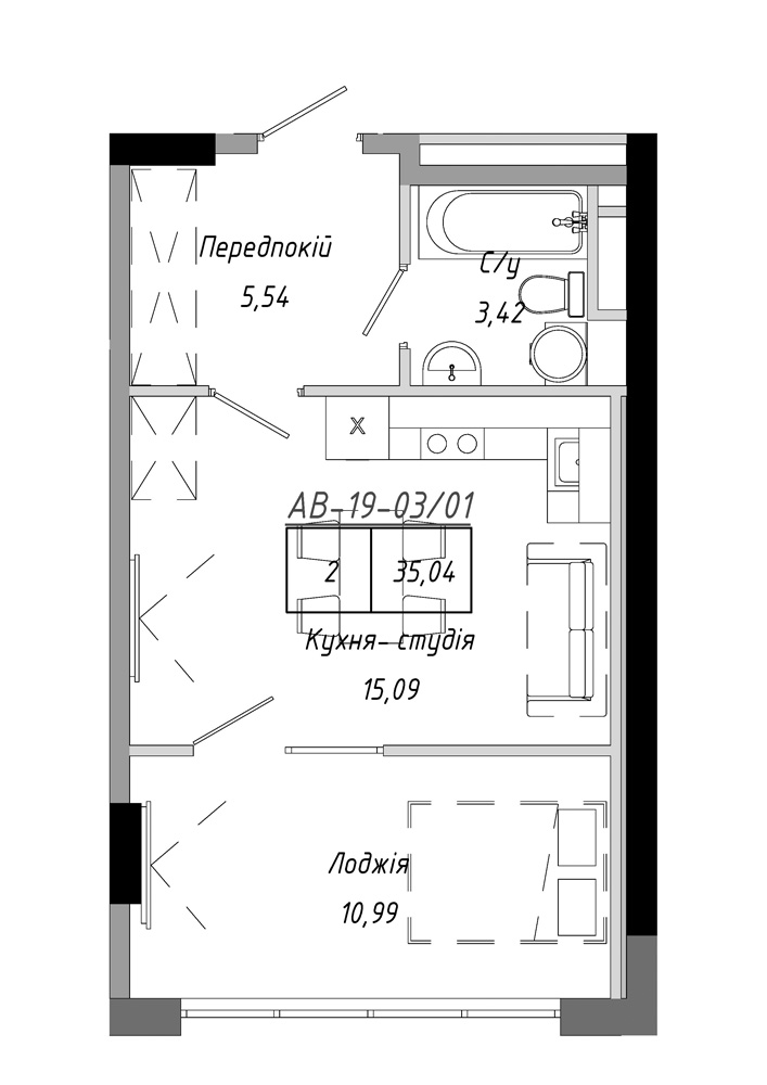 Планування 1-к квартира площею 35.04м2, AB-19-03/00001.