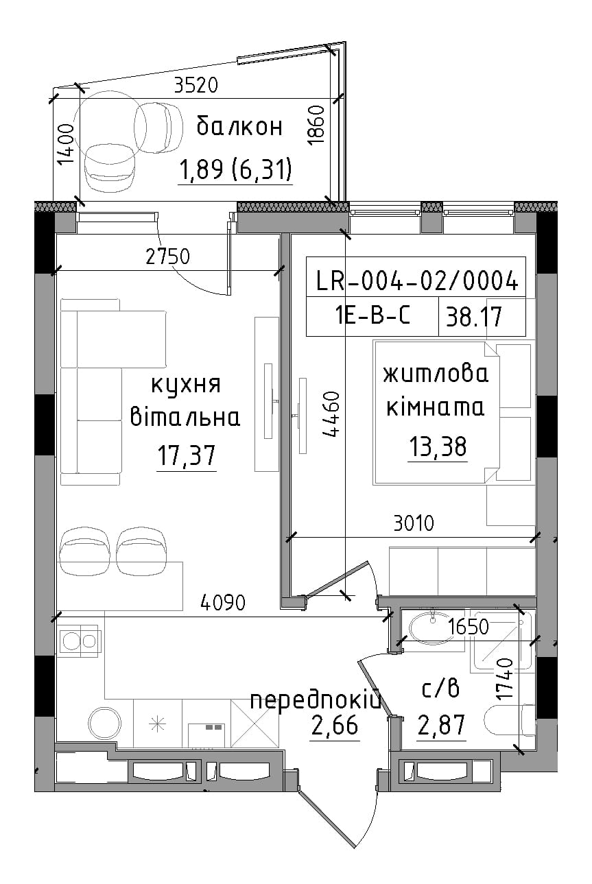 Планування 1-к квартира площею 38.17м2, LR-004-02/0004.