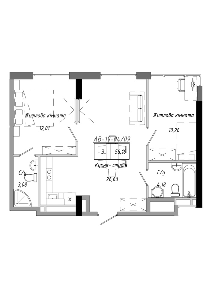 Planning 2-rm flats area 56.16m2, AB-19-04/00009.