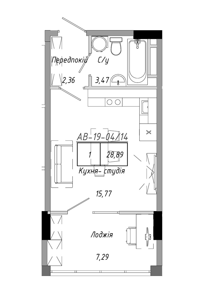 Planning Smart flats area 28.89m2, AB-19-04/00014.