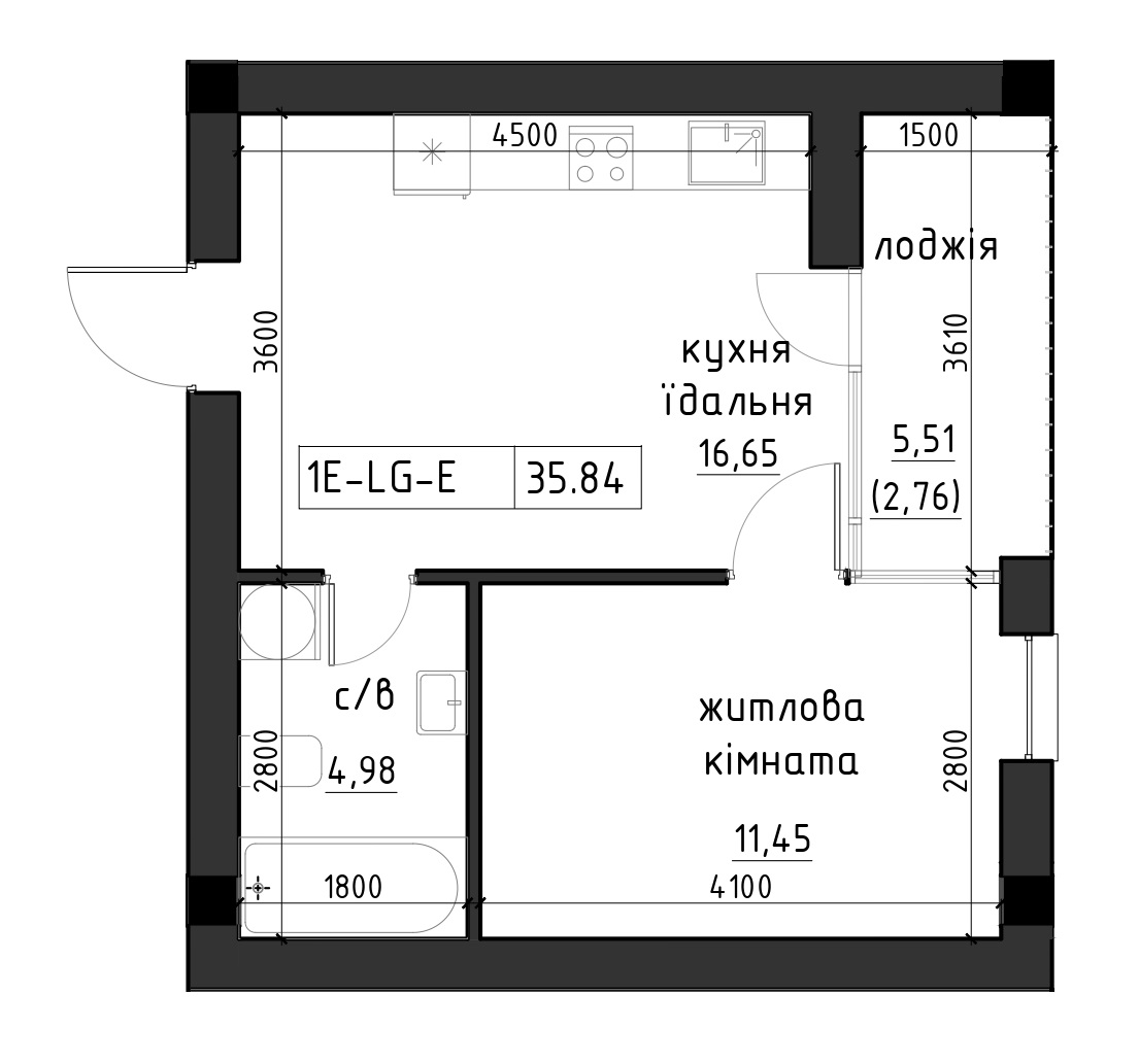 Planning 1-rm flats area 35.84m2, LR-002-04/0004.