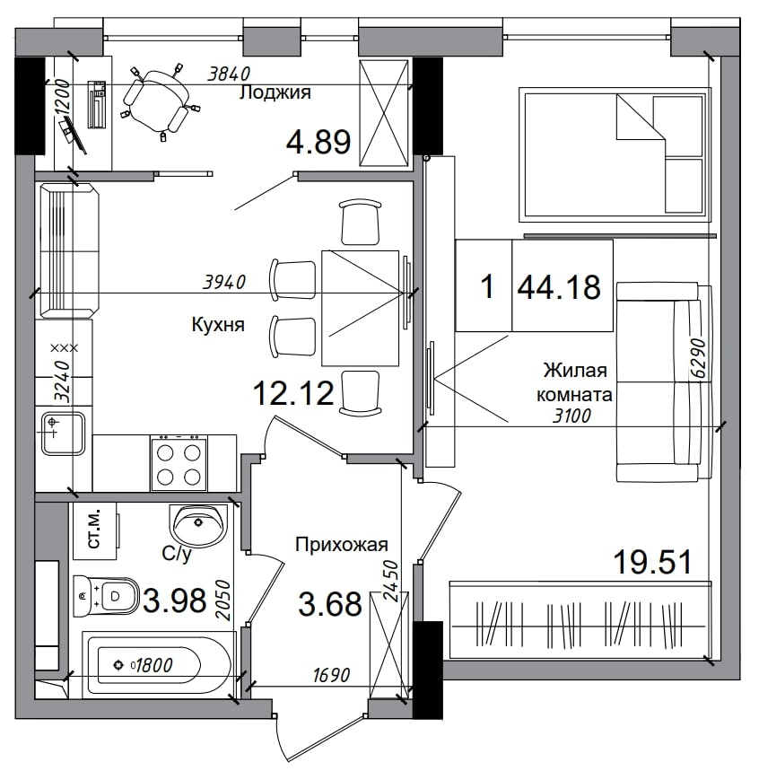 Планировка 1-к квартира площей 44.18м2, AB-04-07/00009.