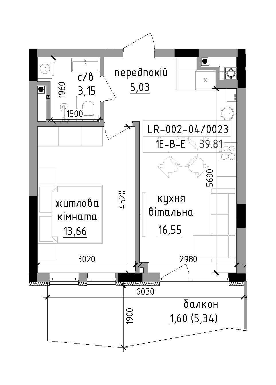 Planning 1-rm flats area 39.81m2, LR-002-04/0023.