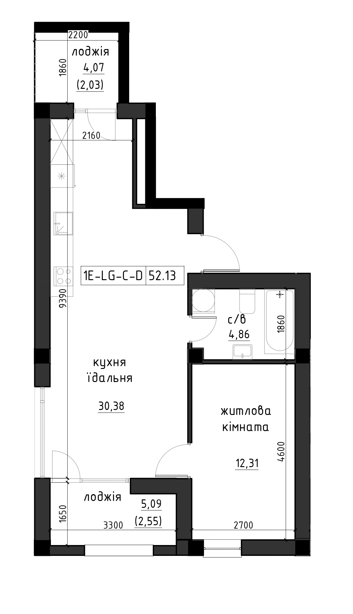 Planning 2-rm flats area 52.13m2, LR-002-05/0001.