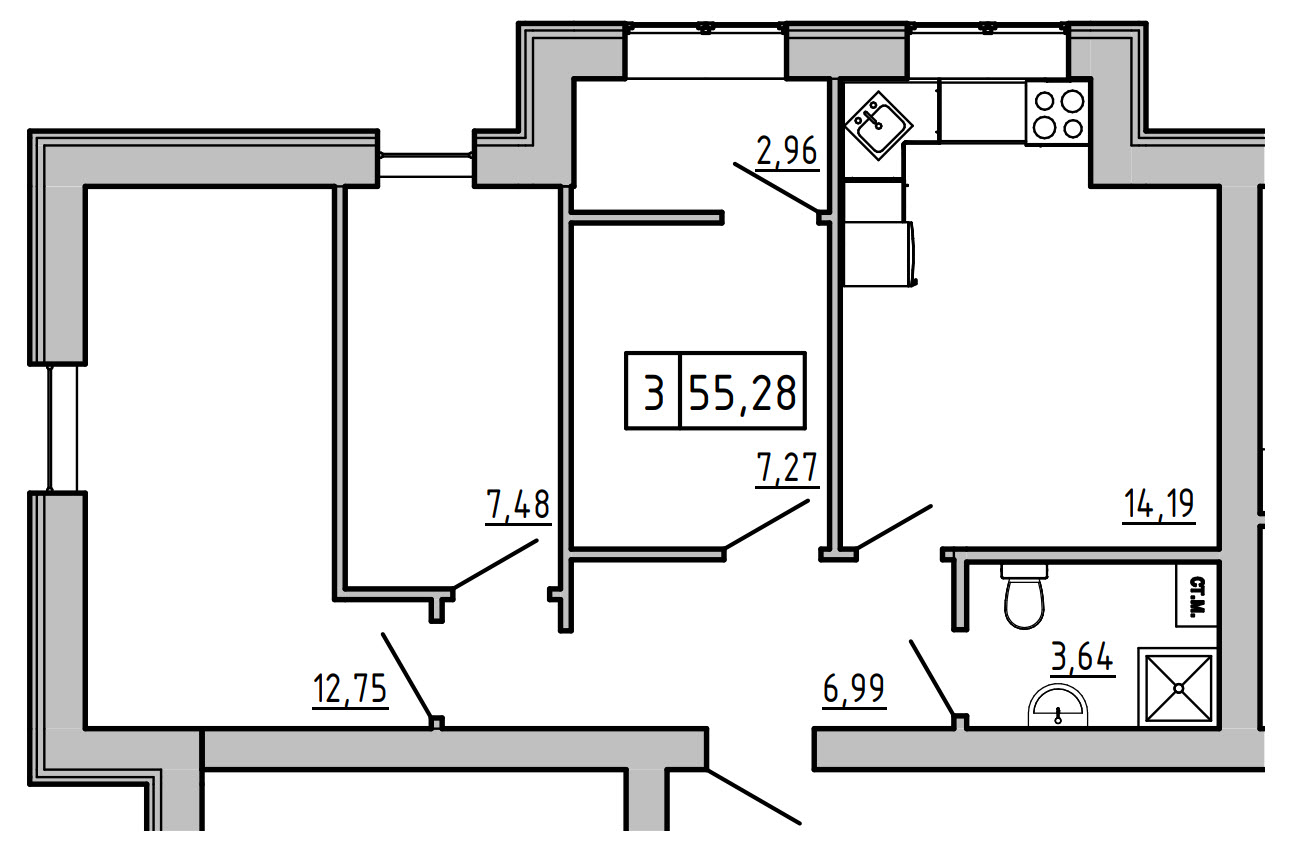 Planning 3-rm flats area 55.23m2, KS-005-03/0006.