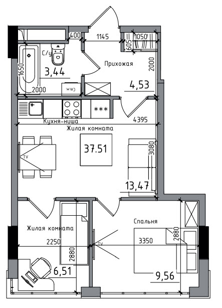 Планировка 2-к квартира площей 37.51м2, AB-06-02/00002.