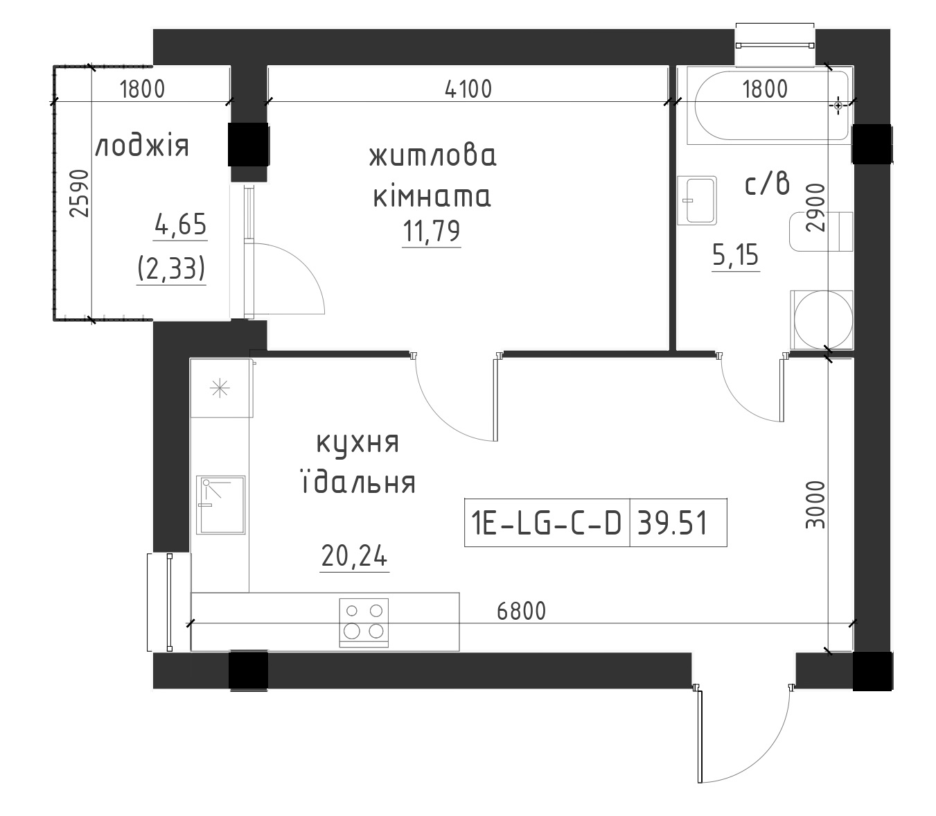 Планировка 1-к квартира площей 39.51м2, LR-002-07/0006.