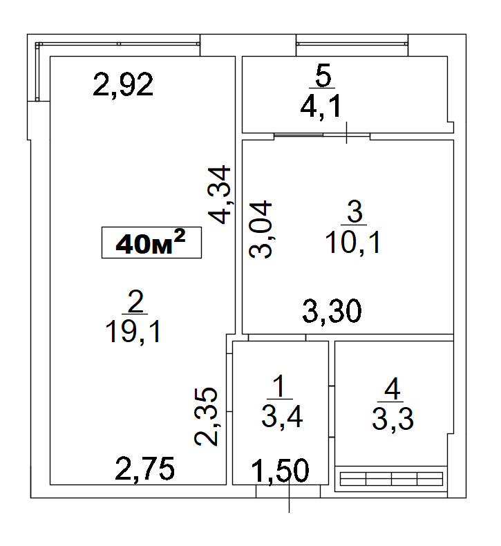 Планировка 1-к квартира площей 40м2, AB-02-02/00005.