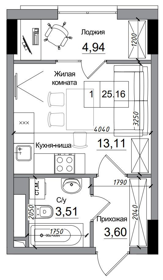 Планировка Smart-квартира площей 25.16м2, AB-14-11/00009.