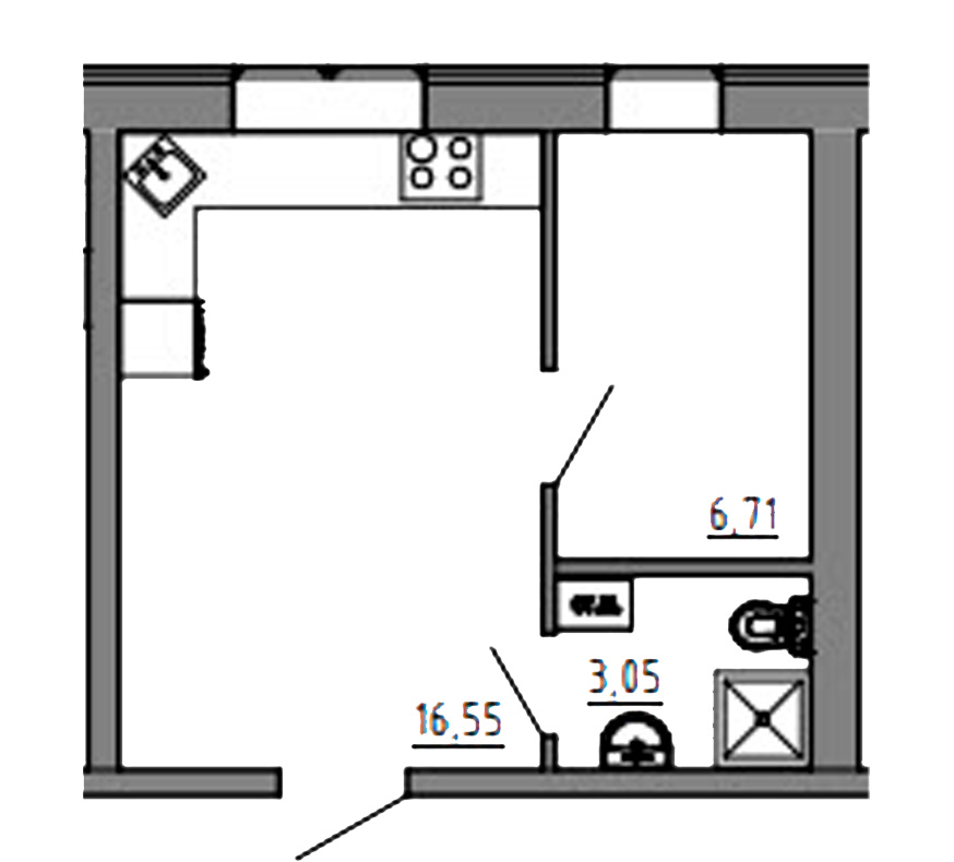 Планировка 1-к квартира площей 26.31м2, KS-01D-04/0014.