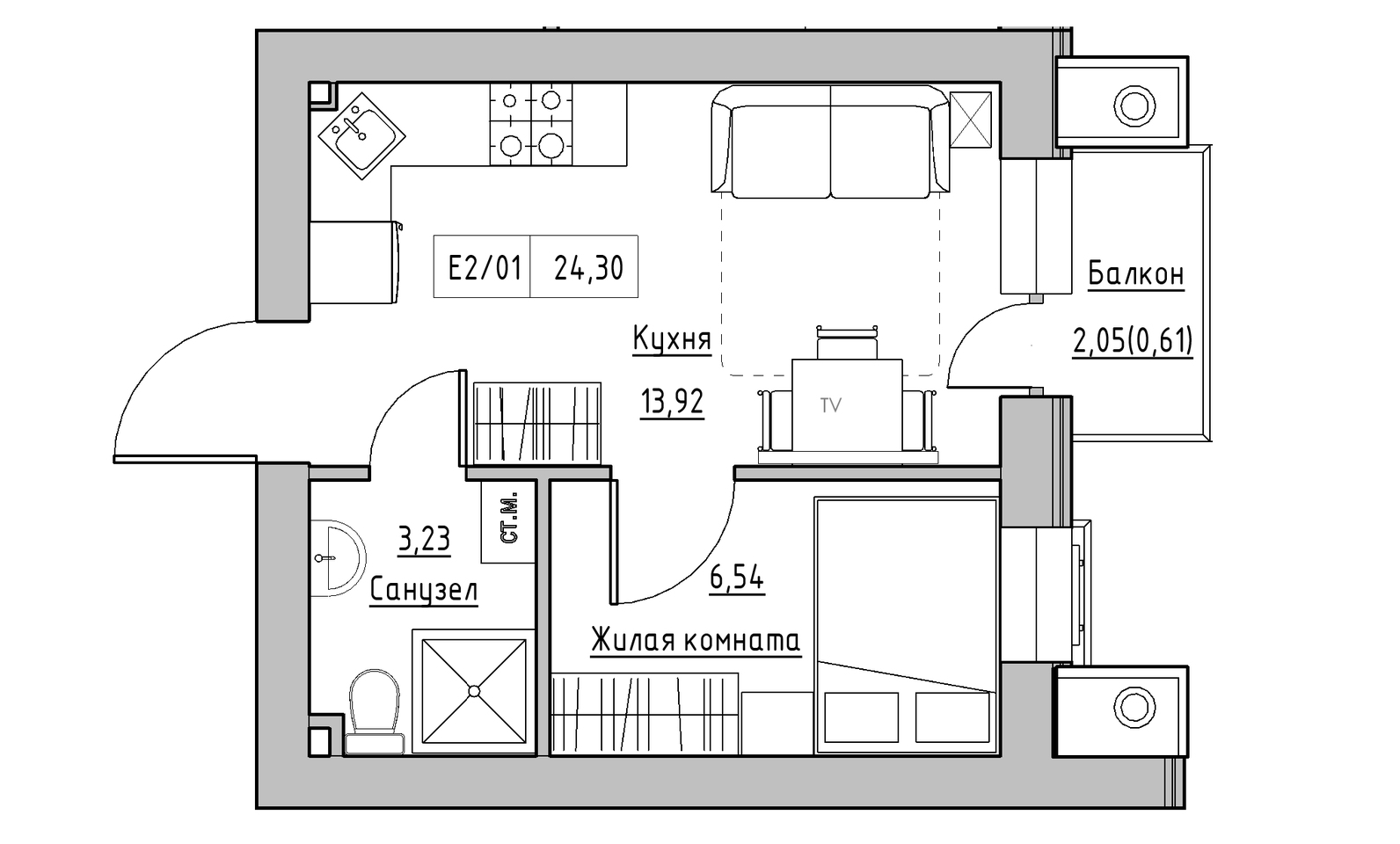 Планування 1-к квартира площею 24.3м2, KS-014-03/0009.