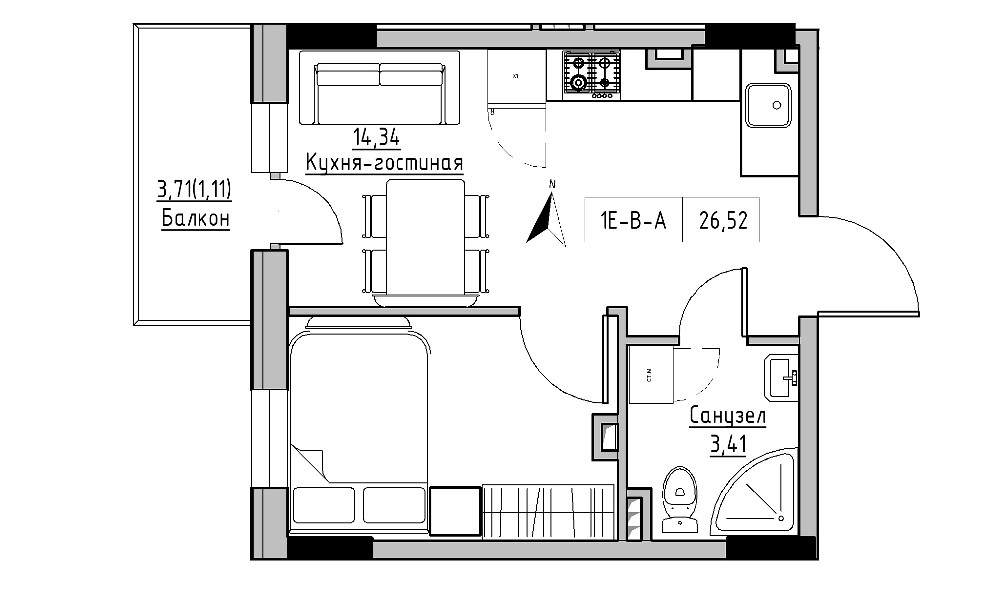 Планировка 1-к квартира площей 26.52м2, KS-025-02/0005.