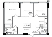 Планировка 3-к квартира площей 61.17м2, AB-15-09/00007.
