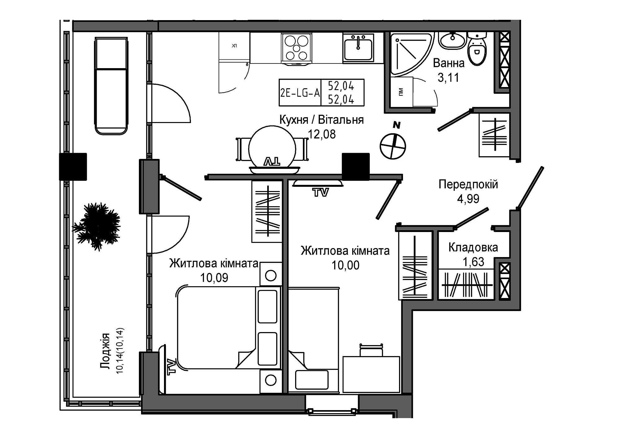 Планування 2-к квартира площею 52.04м2, UM-006-00/0013.