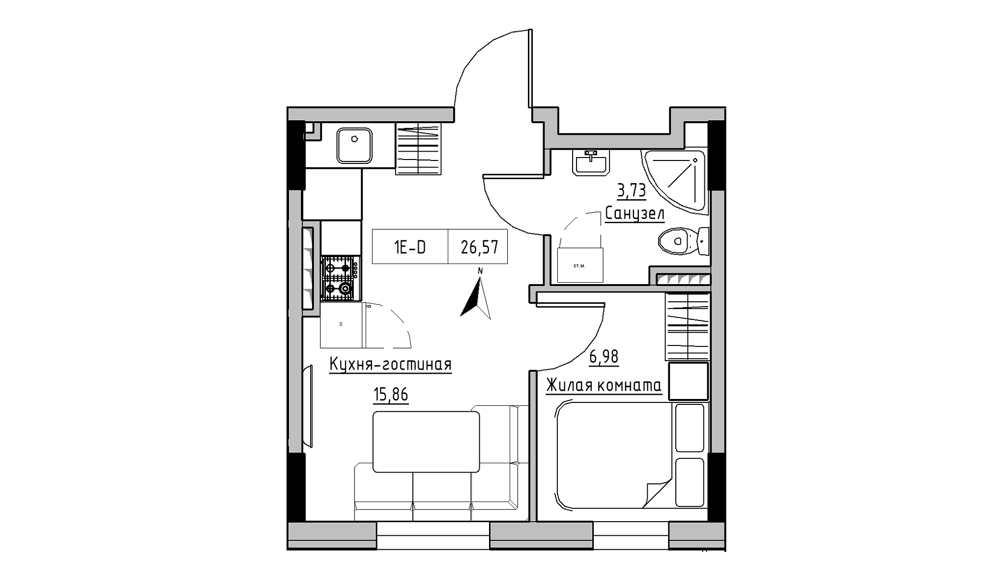 Планировка 1-к квартира площей 26.57м2, KS-025-04/0012.