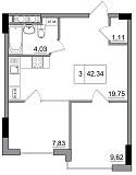 Планування 2-к квартира площею 42.34м2, AB-05-10/00002.